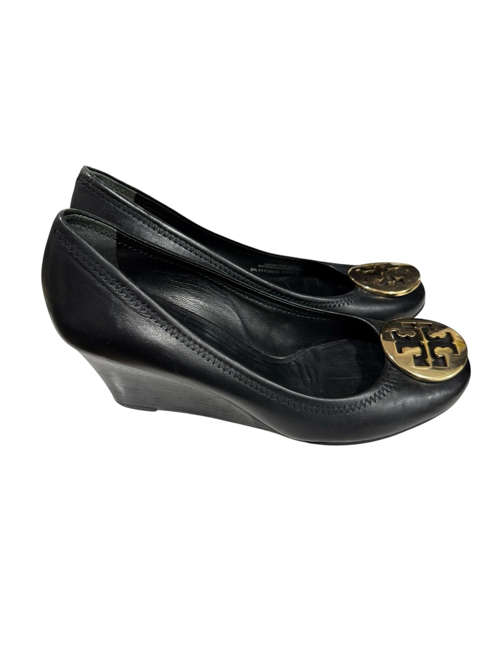 Tory Burch Black Leather Flats with Gold Logo Medallion - Picture 2 of 12
